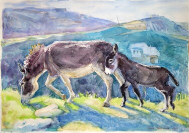 Painting titled ""Ослики"" by Olga Kiriakova, Original Artwork, Watercolor