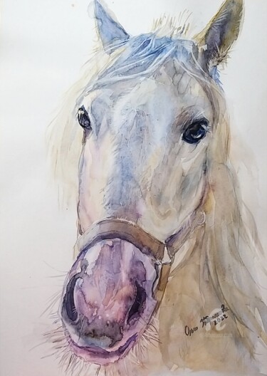 Peinture intitulée ""Лошадь с розовым н…" par Olga Kiriakova, Œuvre d'art originale, Aquarelle