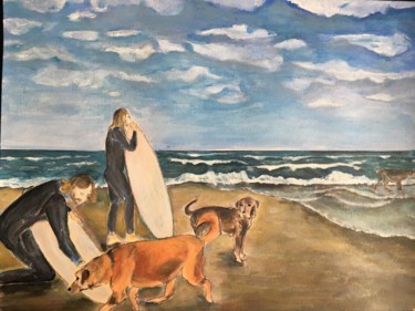 Malerei mit dem Titel "Surfer am Strand" von Polly Max, Original-Kunstwerk, Acryl