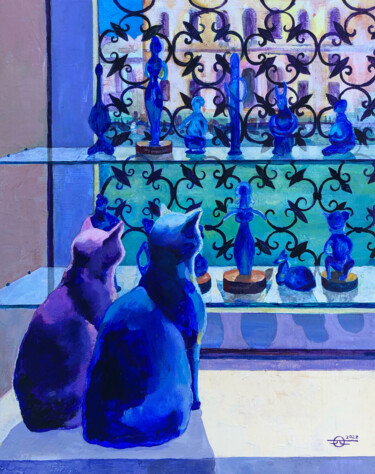 Painting titled "The traveling cats…" by Olga Krasovskaya, Original Artwork, Acrylic Mounted on Wood Stretcher frame