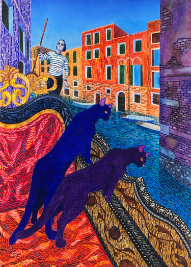 Malerei mit dem Titel "The travelling cats…" von Olga Krasovskaya, Original-Kunstwerk, Öl