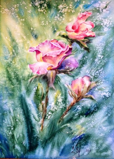 Картина под названием "Садовые розы, garde…" - Olga Laza, Подлинное произведение искусства, Акварель