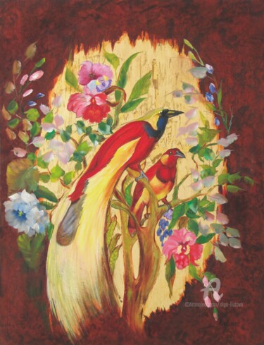 Malerei mit dem Titel "Birds of Paradise o…" von Olga Liutova-Amplatz, Original-Kunstwerk, Öl