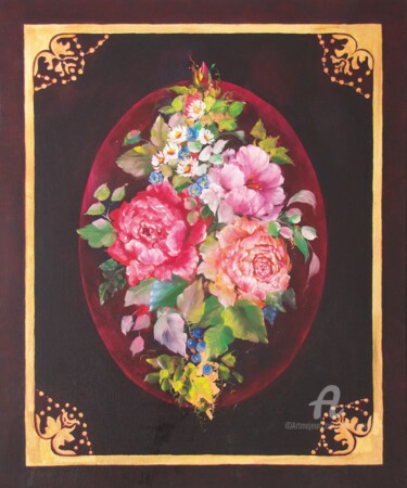 Картина под названием "Bouquet on Gold" - Olga Liutova-Amplatz, Подлинное произведение искусства, Масло