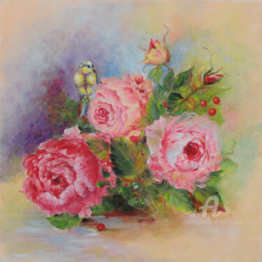 Картина под названием "Roses and canary" - Olga Liutova-Amplatz, Подлинное произведение искусства, Масло