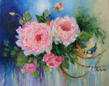 Картина под названием "Roses and canary 2" - Olga Liutova-Amplatz, Подлинное произведение искусства, Масло