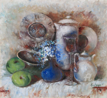 Картина под названием "Fruits and Porcelain" - Olga Liutova-Amplatz, Подлинное произведение искусства, Масло