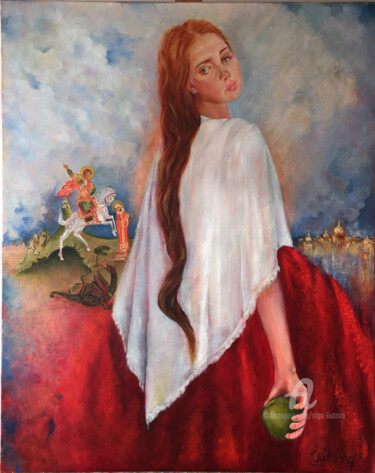 Pittura intitolato "Girl with Apple" da Olga Liutova-Amplatz, Opera d'arte originale, Olio