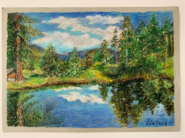 Painting titled ",,Mountain Lake''" by Olga Liutova-Amplatz, Original Artwork, Oil Mounted on Other rigid panel