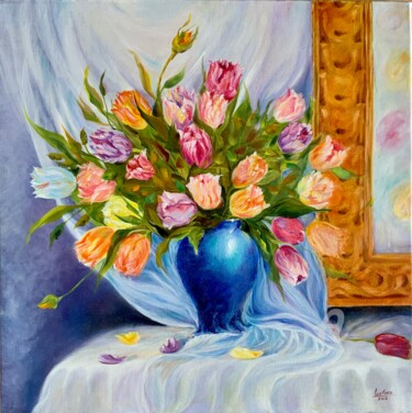Painting titled "Vase with tulips" by Olga Liutova-Amplatz, Original Artwork, Oil