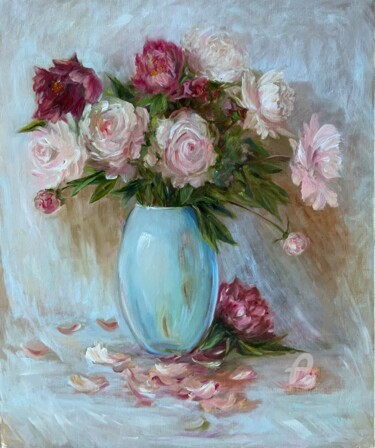 Painting titled "Peonies in a blue v…" by Olga Liutova-Amplatz, Original Artwork, Oil Mounted on Wood Stretcher frame