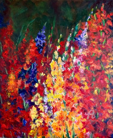 Peinture intitulée "Gladiolus in the ga…" par Olga Liutova-Amplatz, Œuvre d'art originale, Huile