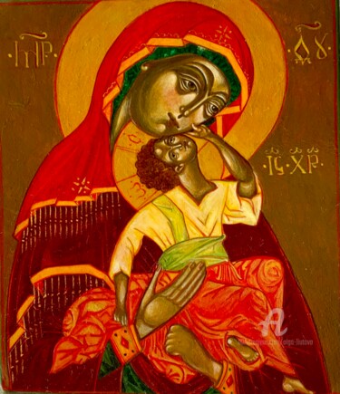 Картина под названием "Mother of God" - Olga Liutova-Amplatz, Подлинное произведение искусства, Темпера