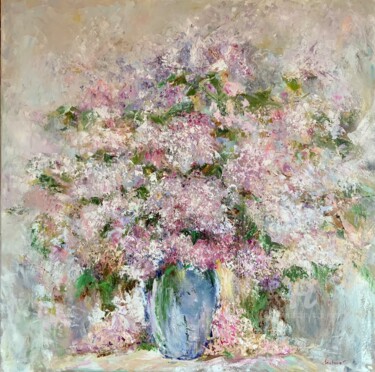 Painting titled "Lilac in a vase" by Olga Liutova-Amplatz, Original Artwork, Oil Mounted on Wood Stretcher frame