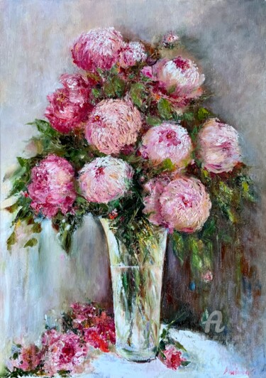 Painting titled "HOLIDAY BOUQUET" by Olga Liutova-Amplatz, Original Artwork, Oil Mounted on Wood Stretcher frame