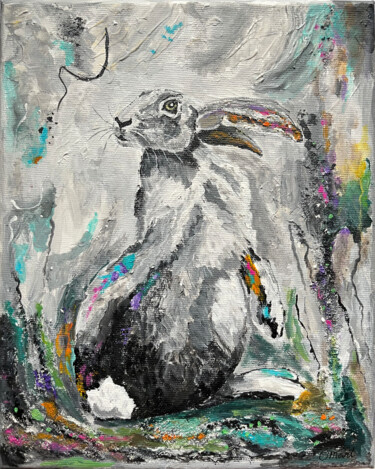 Painting titled "Bunny Painting Orig…" by Olga Mart, Original Artwork, Acrylic Mounted on Wood Stretcher frame