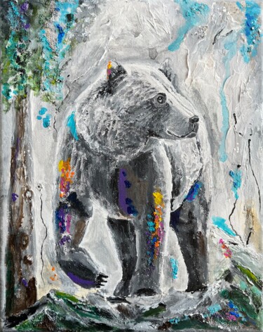 Painting titled "Bear painting on ca…" by Olga Mart, Original Artwork, Acrylic Mounted on Wood Stretcher frame