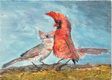 Peinture intitulée "Cardinal Painting R…" par Olga Mart, Œuvre d'art originale, Huile Monté sur Carton