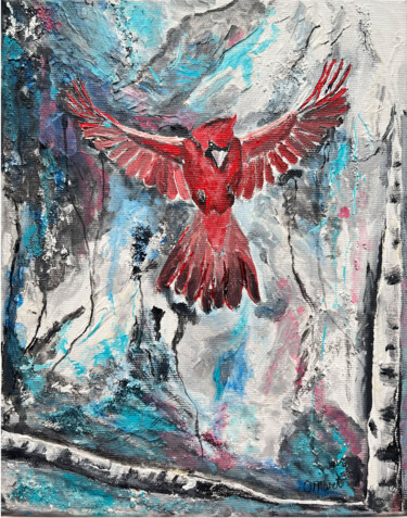 Painting titled "Cardinal Painting R…" by Olga Mart, Original Artwork, Acrylic Mounted on Wood Stretcher frame