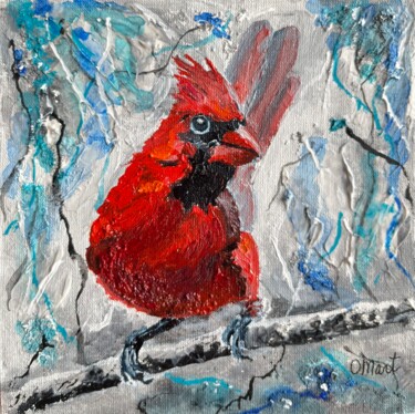 Painting titled "Red Cardinal Wall A…" by Olga Mart, Original Artwork, Oil Mounted on Wood Panel
