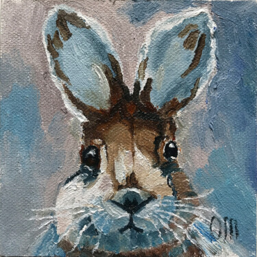Painting titled "Rabbit Painting Bun…" by Olga Mart, Original Artwork, Oil Mounted on Wood Panel