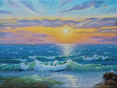 Painting titled "Sea sanset Oil Pain…" by Olga Mart, Original Artwork, Oil