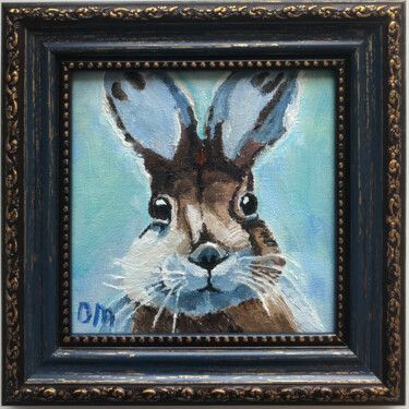 Painting titled "Bunny Framed Painti…" by Olga Mart, Original Artwork, Oil Mounted on Cardboard