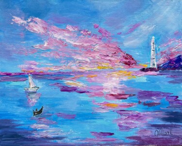 Painting titled "Lighthouse" by Olga Mart, Original Artwork, Oil Mounted on Cardboard