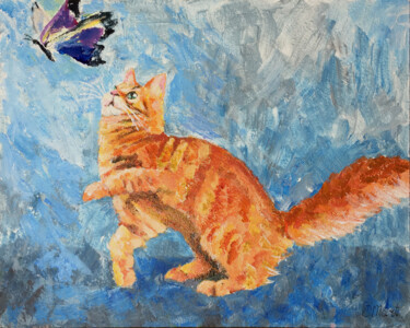 Painting titled "Red cat" by Olga Mart, Original Artwork, Acrylic Mounted on Cardboard