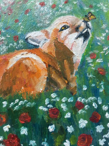 Painting titled "Fox" by Olga Mart, Original Artwork, Oil Mounted on Cardboard