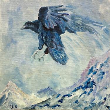 Painting titled "Crow" by Olga Mart, Original Artwork, Oil Mounted on Cardboard