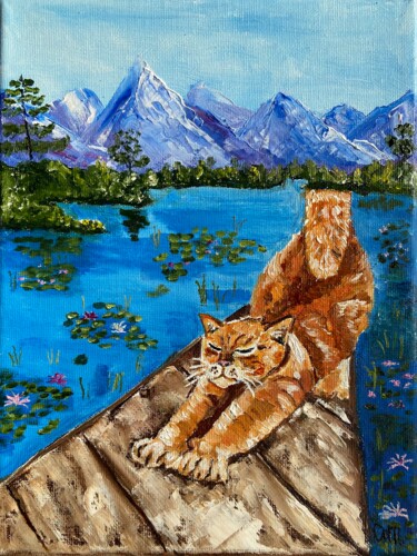 Malerei mit dem Titel "Red cat landscape" von Olga Mart, Original-Kunstwerk, Öl Auf Keilrahmen aus Holz montiert
