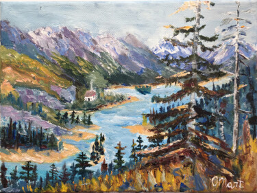 Painting titled "Mountain rive" by Olga Mart, Original Artwork, Oil Mounted on Wood Stretcher frame