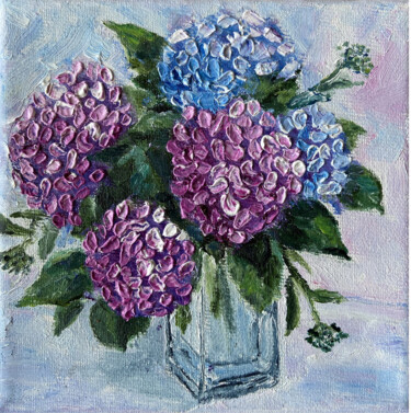 Painting titled "Hydrangea flowers" by Olga Mart, Original Artwork, Oil Mounted on Wood Stretcher frame