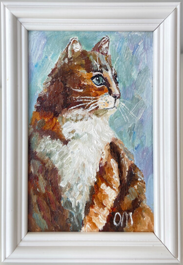 Pittura intitolato "Red cat framed" da Olga Mart, Opera d'arte originale, Olio Montato su Cartone