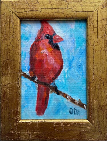 Painting titled "Cardinal bird framed" by Olga Mart, Original Artwork, Oil Mounted on Cardboard