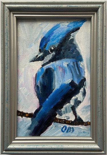 Painting titled "Blue bird framed" by Olga Mart, Original Artwork, Oil Mounted on Cardboard