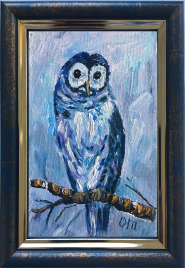 Painting titled "Owl bird" by Olga Mart, Original Artwork, Oil Mounted on Cardboard