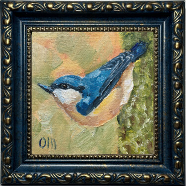Painting titled "Blue bird" by Olga Mart, Original Artwork, Oil Mounted on Cardboard