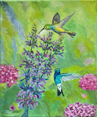 Painting titled "Hummingbirds" by Olga Mart, Original Artwork, Oil Mounted on Wood Stretcher frame