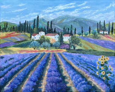 Painting titled "Provence landscape" by Olga Mart, Original Artwork, Oil Mounted on Wood Stretcher frame