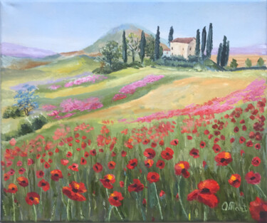 Painting titled "Tuscany Painting" by Olga Mart, Original Artwork, Oil Mounted on Wood Stretcher frame