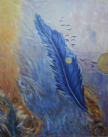 Painting titled "Feather bird painti…" by Olga Mart, Original Artwork, Oil