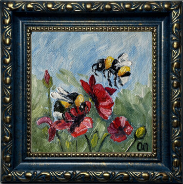 Pintura titulada "Bee painting" por Olga Mart, Obra de arte original, Oleo Montado en Panel de madera