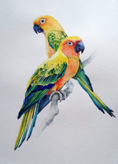 Painting titled "Rainbow parrots" by Olga Matyunina, Original Artwork, Watercolor