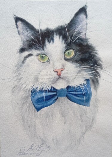 Pittura intitolato "Portrait of a cat b…" da Olga Matyunina, Opera d'arte originale, Acquarello