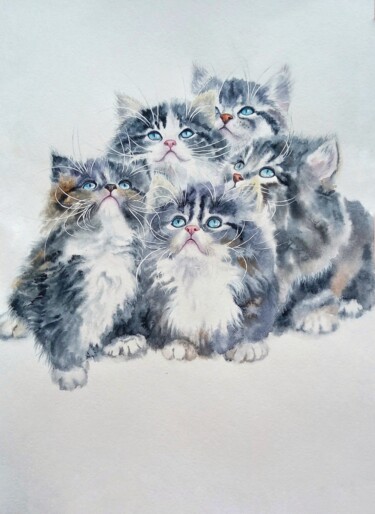 Pittura intitolato "Portrait of kittens…" da Olga Matyunina, Opera d'arte originale, Acquarello