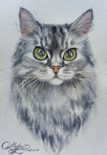 Картина под названием "Portrait of a cat "…" - Olga Matyunina, Подлинное произведение искусства, Акварель