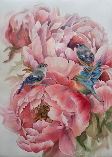Картина под названием "Pink peonies with b…" - Olga Matyunina, Подлинное произведение искусства, Акварель