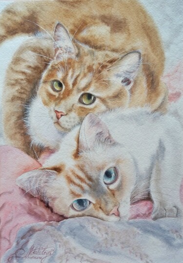Ζωγραφική με τίτλο "Portrait of two cat…" από Olga Matyunina, Αυθεντικά έργα τέχνης, Ακουαρέλα